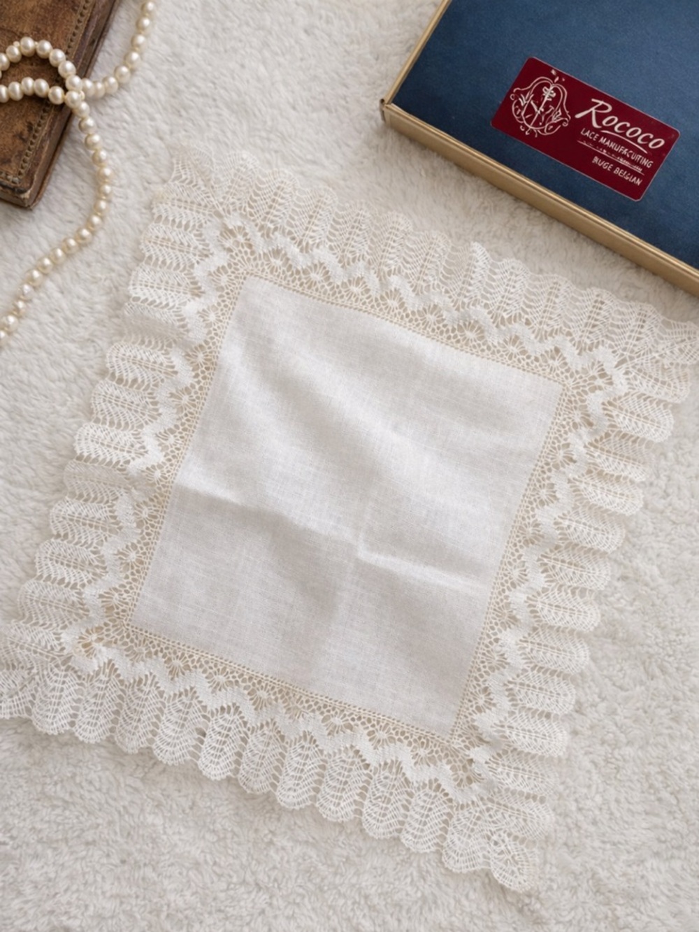 Vintage Bruges Belgium Bobbin Lace Handkerchief Rococo Boxed Linen Bridal Hankie